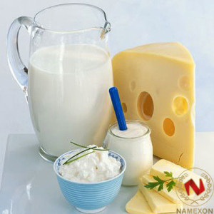 Jug of milk, wedge of emmental cheese and other dairy products